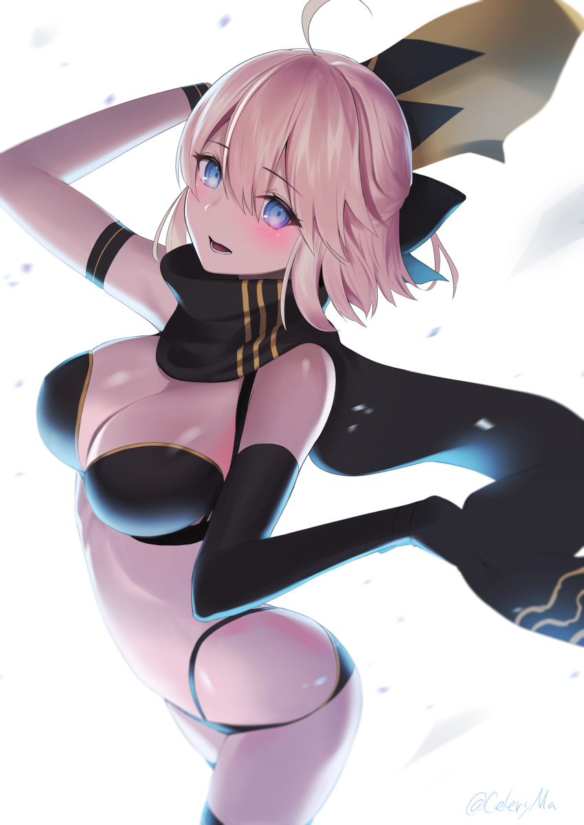 1girl absurdres ahoge arm_strap arms_up bangs bare_shoulders bikini black_bikini black_bow black_legwear black_scarf blue_eyes bow breasts celeryma cleavage cowboy_shot elbow_gloves eyebrows_visible_through_hair fate/grand_order fate_(series) gloves hair_between_eyes hair_bow highres holding large_breasts looking_at_viewer okita_souji_(fate) okita_souji_(fate)_(all) pink_hair scarf scarf_removed short_hair single_glove solo swimsuit thighhighs