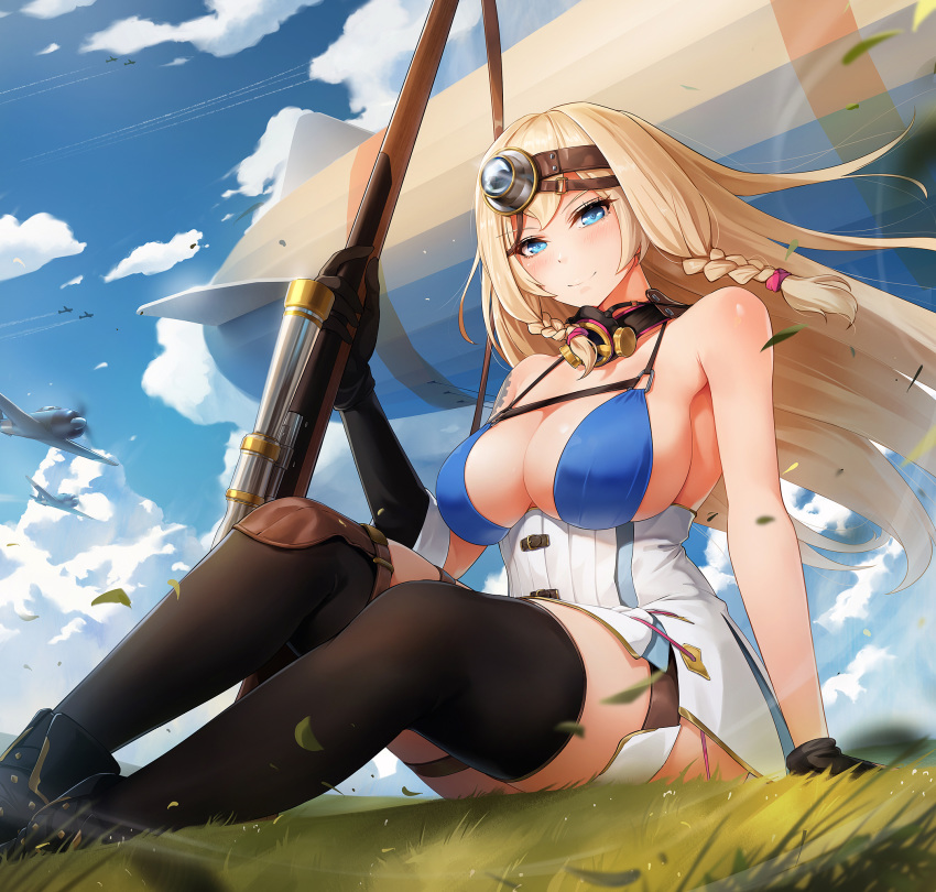 1girl aircraft airplane airship bangs bare_shoulders bikini_top blonde_hair blue_eyes blue_sky blush braid breasts cleavage cloud commentary day dress eyebrows_visible_through_hair grass gun highres holding holding_gun holding_weapon large_breasts legs long_hair looking_at_viewer obaoba_(monkeyix) original outdoors rifle scope shoes sitting sky smile sniper_rifle solo string_bikini symbol_commentary thigh_strap thighhighs thighs twin_braids weapon