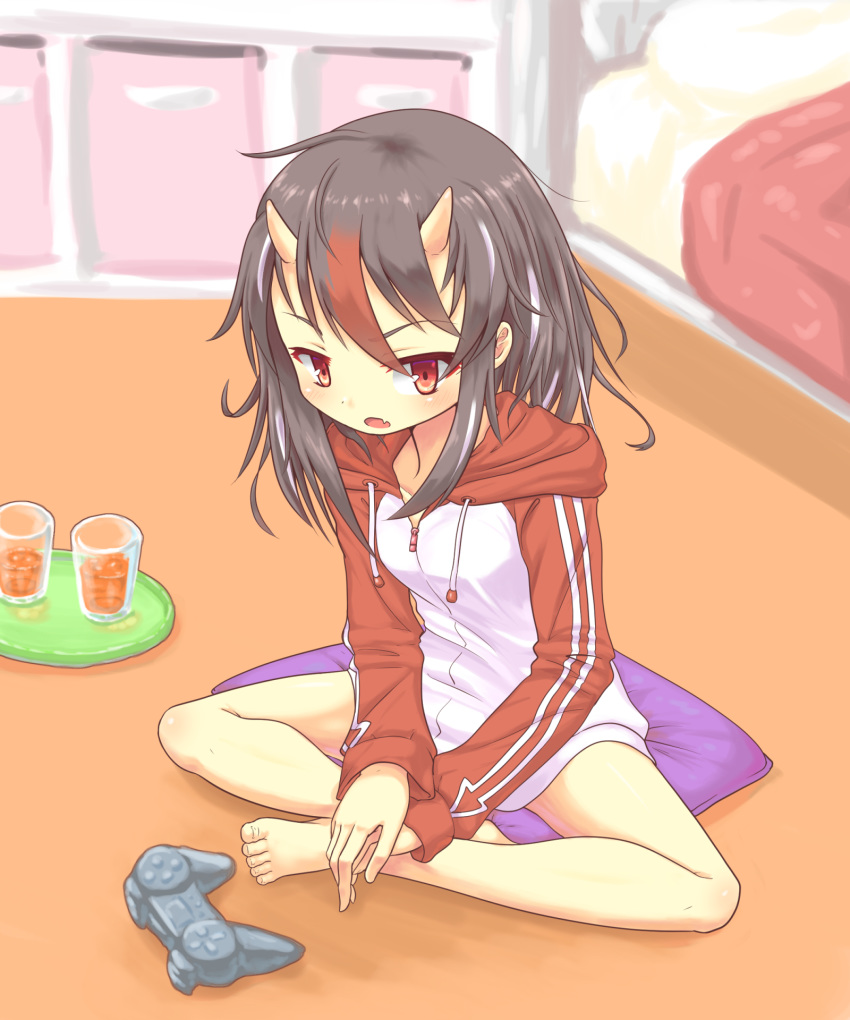 1girl bare_legs barefoot bed black_hair blurry blush carpet commentary_request controller cup depth_of_field drawstring drinking_glass fang game_controller hair_between_eyes hands_together head_tilt highres hood hoodie horns indian_style indoors kijin_seija long_sleeves looking_at_viewer multicolored_hair no_pants open_mouth pillow red_eyes shihasu_toichi sitting sitting_on_pillow skin_fang solo streaked_hair touhou tray