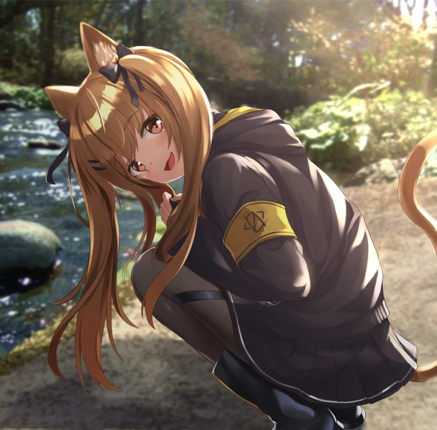 1girl akabane_hibame animal_ears bangs black_legwear blush breasts brown_eyes brown_hair cat_ears cat_tail day eyebrows_visible_through_hair fingerless_gloves girls_frontline gloves hair_between_eyes hair_ornament hairclip highres jacket long_hair looking_at_viewer open_mouth outdoors pantyhose ribbon scar scar_across_eye skirt smile squatting tail twintails ump9_(girls_frontline)