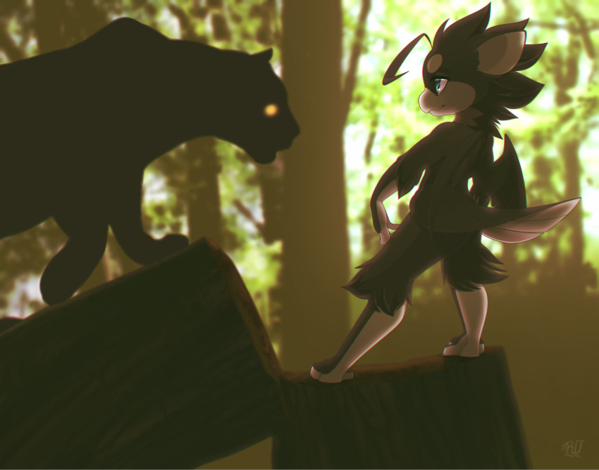 2019 anthro avian day detailed_background felid feral forest gryphon hi_res leopard mammal outside pantherine rudragon standing tree