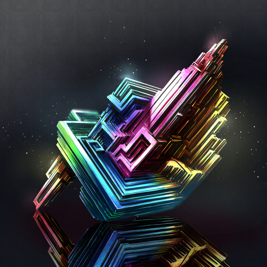 bismuth cluseller commentary crystal dark dark_background highres light_particles original rainbow_gradient reflective_floor shiny tagme