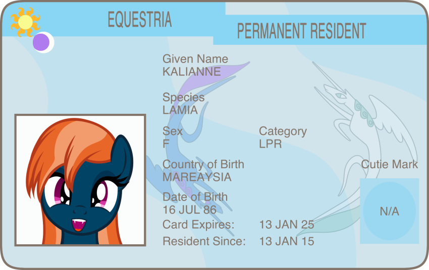 badumsquish dork equestrian_flag equid equine fan_character fangs friendship_is_magic grin hi_res horse id_card invalid_tag kalianne lamia mammal monster moon my_little_pony open_mouth photo pony princess_celestia_(mlp) princess_luna_(mlp) purple_eyes reptile scalie smile snake solo sun