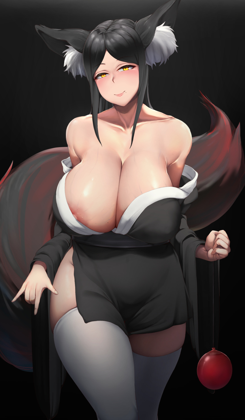 1girl absurdres animal_ear_fluff animal_ears areola_slip areolae black_background black_hair black_kimono breasts collarbone commentary_request dantes_ward fox_ears fox_girl fox_tail highres huge_breasts japanese_clothes kimono long_hair looking_at_viewer mole mole_under_mouth off-shoulder_kimono original orignal short_kimono smile solo tail thighhighs veins veiny_breasts white_legwear wide_sleeves yellow_eyes