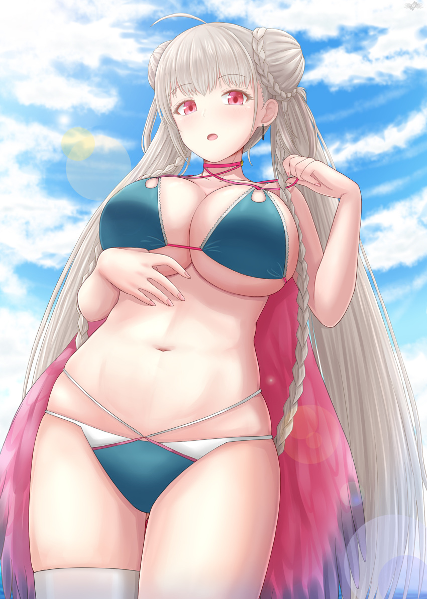 1girl ahoge alternate_costume archstreal ass_visible_through_thighs azur_lane bangs bare_shoulders bikini blue_bikini blue_sky blush braid braided_bun breasts choker cleavage cloud collarbone cowboy_shot day double_bun earrings eyebrows_visible_through_hair eyelashes feather_boa foreshortening formidable_(azur_lane) formidable_(the_lady_of_the_beach)_(azur_lane) from_below hand_up highres jewelry large_breasts legs_together lens_flare long_hair looking_at_viewer multi-strapped_bikini nail_polish navel open_mouth outdoors pink_choker pink_nails pulled_by_self red_eyes silver_hair single_thighhigh skindentation sky solo standing string_pull swimsuit thigh_gap thighhighs thighs twin_braids twintails underboob very_long_hair white_legwear