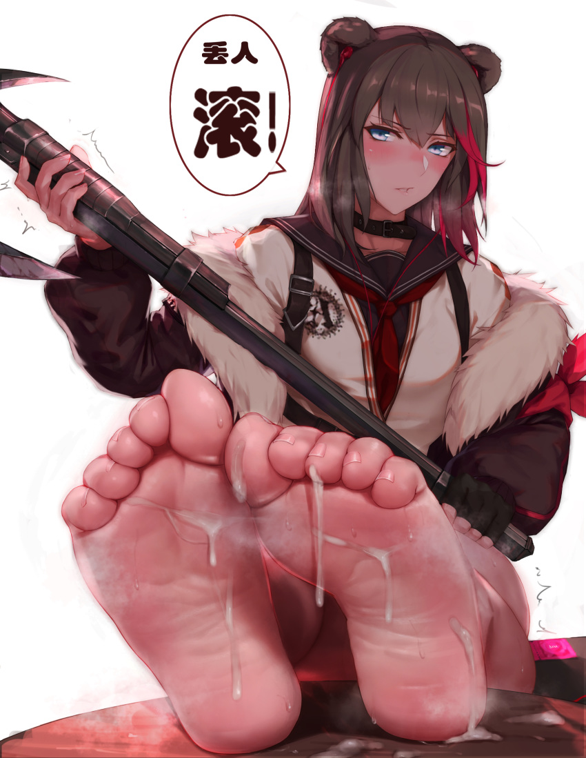 1girl animal_ears arknights axe bangs barefoot belt_collar black_collar blue_eyes brown_hair collar condom_wrapper cum cum_on_body cum_on_lower_body eyebrows_visible_through_hair feet fingerless_gloves fur-trimmed_jacket fur_trim gloves heavy_breathing highres holding holding_axe jacket legs looking_at_viewer multicolored_hair pov_feet red_hair rosaline simple_background single_glove solo steaming_body streaked_hair toes trembling two-tone_hair white_background zima_(arknights)