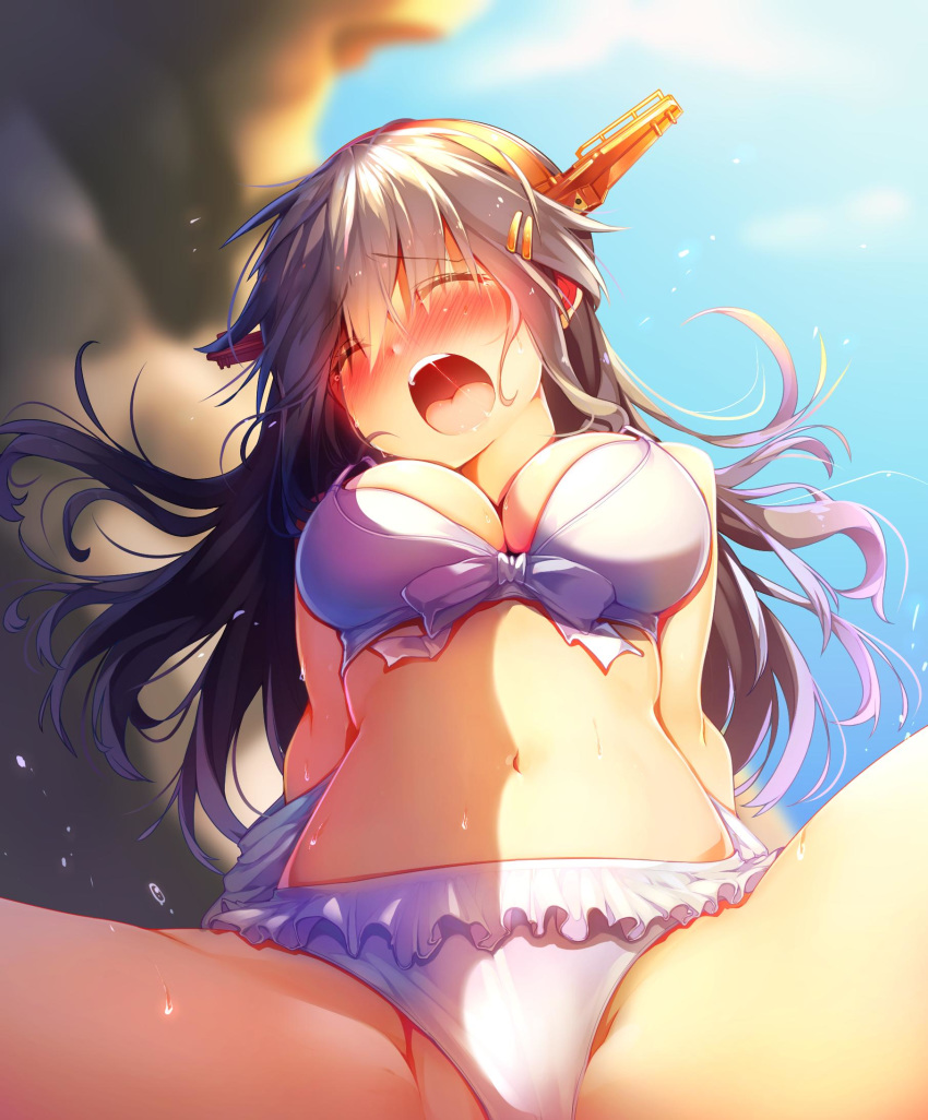 1girl alternate_costume bangs bikini bikini_aside black_hair blue_sky blurry blurry_background blush breasts closed_eyes cowgirl_position day eyebrows_visible_through_hair girl_on_top haruna_(kantai_collection) highres implied_sex kantai_collection large_breasts long_hair navel open_mouth outdoors saliva sky solo solo_focus spread_legs straddling swimsuit thighs tongue tsukui_kachou wet white_bikini