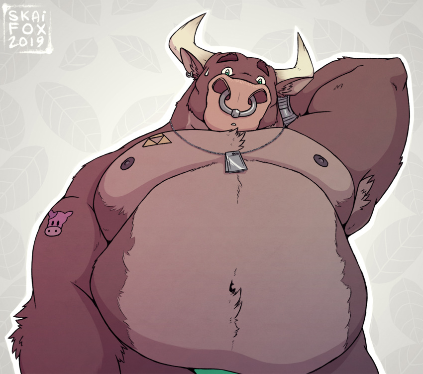 2019 anthro armpit_hair belly bovid bovine brown_fur bulge cattle clock clothed clothing digital_media_(artwork) dog_tags facial_piercing fur green_eyes horn looking_at_viewer male mammal moobs mostly_nude nipples nose_piercing nose_ring overweight overweight_male pattern piercing skaifox solo tattoo thick_neck topless underwear watch wristwatch