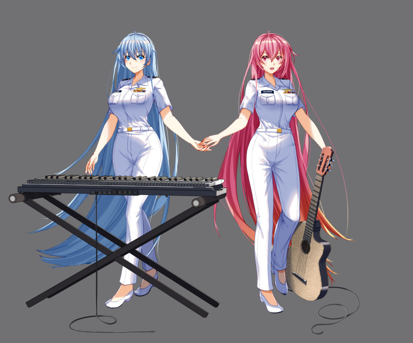 2girls alaska_(warship_girls_r) alternate_costume belt blue_eyes blue_hair breast_pocket breasts full_body grey_background guam_(warship_girls_r) guitar highres instrument keyboard_(instrument) large_breasts long_hair military military_uniform multiple_girls name_tag naval_uniform pants pocket red_eyes red_hair ryuuzouji_usagi shirt short_sleeves simple_background standing uniform very_long_hair warship_girls_r white_belt white_footwear white_pants white_shirt