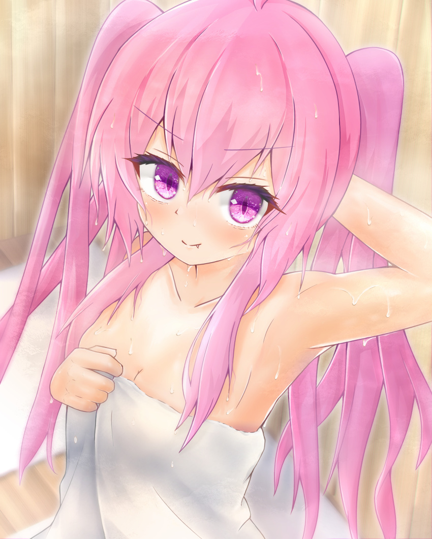 absurdres arm_up armpits bemani bench blush breasts collarbone eyelashes fang grace_(sound_voltex) hair_between_eyes hand_in_own_hair highres hot in_downtown long_hair looking_at_viewer naked_towel on_bench pink_eyes pink_hair sauna sidelocks sitting small_breasts smile sound_voltex steam sweat sweating_profusely towel twintails upper_body wall wet wet_hair wooden_bench wooden_wall