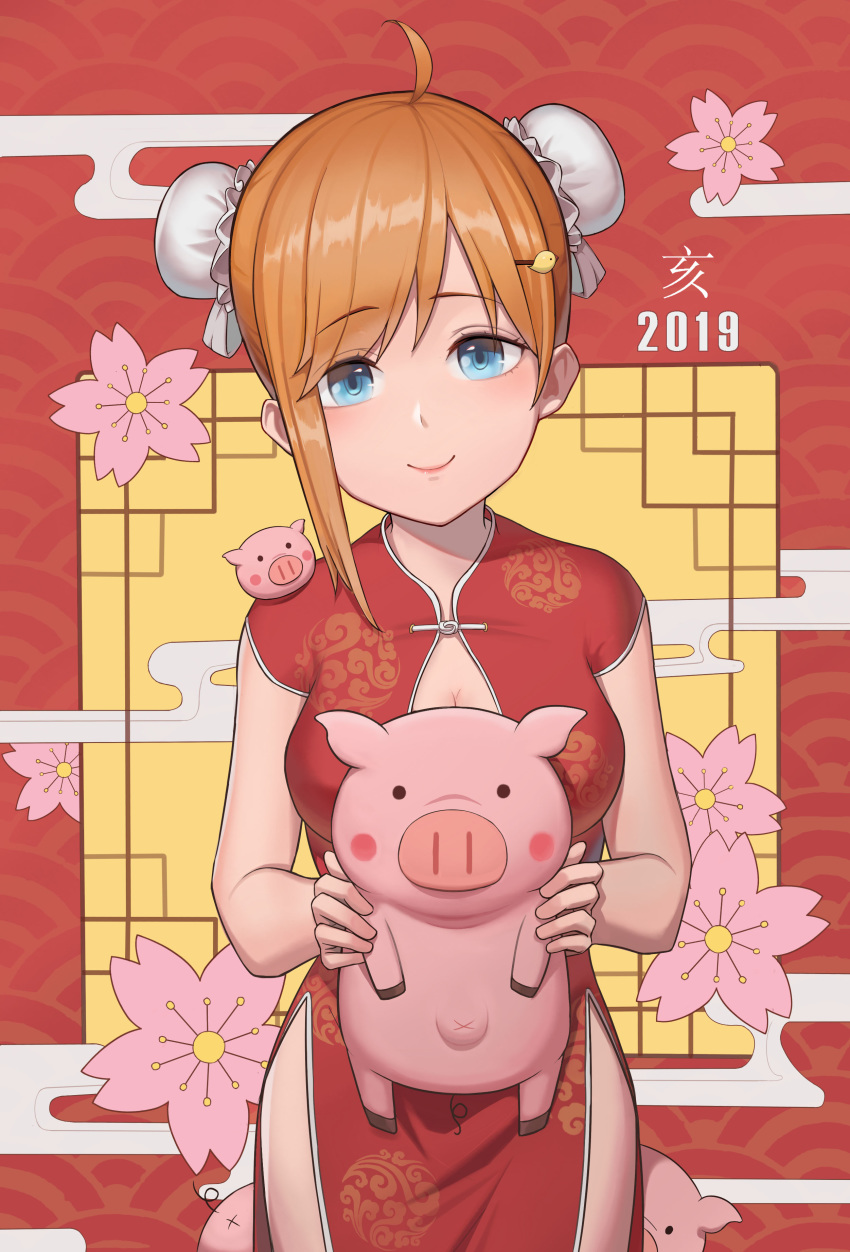 1girl 2019 absurdres animal bangs bird_hair_ornament blue_eyes blush breasts center_opening china_dress chinese_clothes chinese_zodiac chun_zhuan cleavage cowboy_shot double_bun dress egasumi eyebrows_visible_through_hair flower hair_ornament hairclip highres holding holding_animal looking_at_viewer medium_breasts new_year orange_hair original pig red_dress short_sleeves side_slit smile solo swept_bangs year_of_the_pig