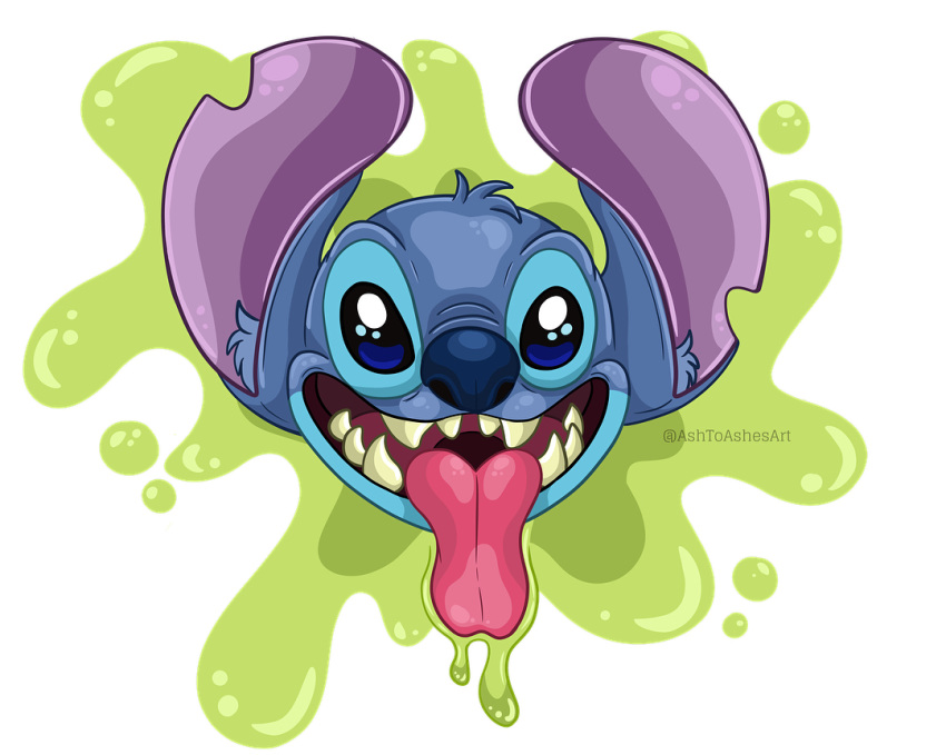 2019 acidic_saliva alien ashtoashesart blue_eyes blue_fur blue_nose bodily_fluids digital_media_(artwork) disembodied_head disney drooling experiment_(lilo_and_stitch) fur green_saliva head_tuft inner_ear_fluff lilo_and_stitch looking_at_viewer notched_ear open_mouth open_smile saliva simple_background smile solo stitch_(lilo_and_stitch) tongue tongue_out white_background