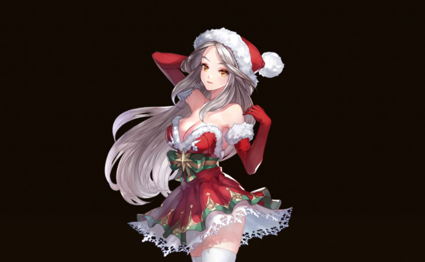 armpits arms_up bare_shoulders black_background breasts cleavage elbow_gloves forehead fur_trim gift_bow gloves hat highres king's_raid large_breasts lewisia_(king's_raid) long_hair looking_at_viewer official_art santa_costume santa_gloves santa_hat silver_hair smile thighhighs very_long_hair yellow_eyes