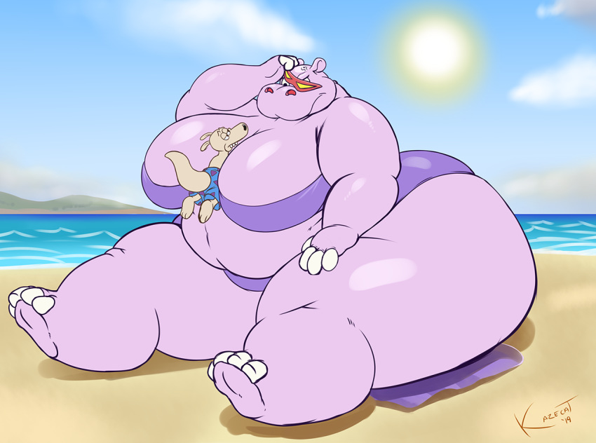 anthro beach belly between_breasts big_breasts big_butt bikini breasts butt clothing common_hippopotamus eyewear female gladys_hippo glasses hippopotamid huge_breasts kazecat larger_female macropod male mammal marsupial nickelodeon obese obese_female overweight overweight_female rocko's_modern_life rocko_rama seaside simple_background size_difference swimwear thick_thighs wallaby