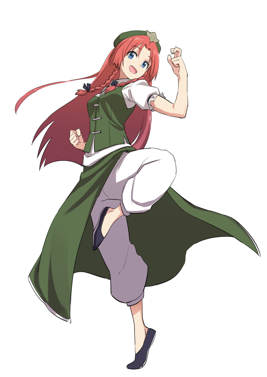 1girl :d baggy_pants beret black_bow black_footwear blue_eyes bow braid breasts clenched_hand commentary_request flats full_body green_headwear green_skirt green_vest hair_bow hand_up hat head_tilt highres hong_meiling leon_(mikiri_hassha) long_hair looking_at_viewer medium_breasts open_mouth pants puffy_short_sleeves puffy_sleeves red_hair shirt short_sleeves side_slit simple_background skirt skirt_set smile solo standing standing_on_one_leg star touhou twin_braids very_long_hair vest white_background white_pants white_shirt