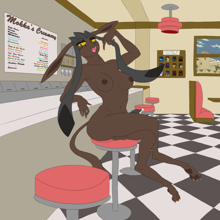 1:1 animal_genitalia animal_penis anthro anubian_jackal balls bodily_fluids breasts canid canine canine_penis canis cloud crossed_legs dessert diner eeveelution food genital_fluids glaceon gynomorph hi_res hybrid ice_cream intersex jackal komissar_bav looking_at_viewer mammal mokka_t'chino nintendo nipples nude open_mouth paws penis pok&eacute;mon pok&eacute;mon_(species) precum shiny_pok&eacute;mon sign smile smug stool video_games window