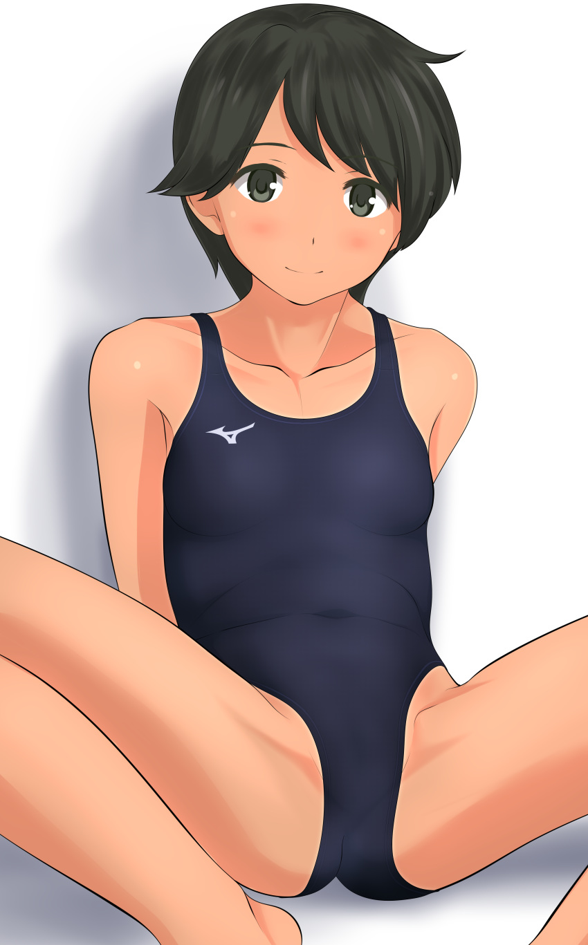 1girl absurdres black_hair black_swimsuit brown_eyes collarbone commentary_request competition_swimsuit flat_chest highres kantai_collection looking_at_viewer mizuno mogami_(kantai_collection) one-piece_swimsuit short_hair simple_background smile solo spread_legs swimsuit takafumi tan tanline white_background