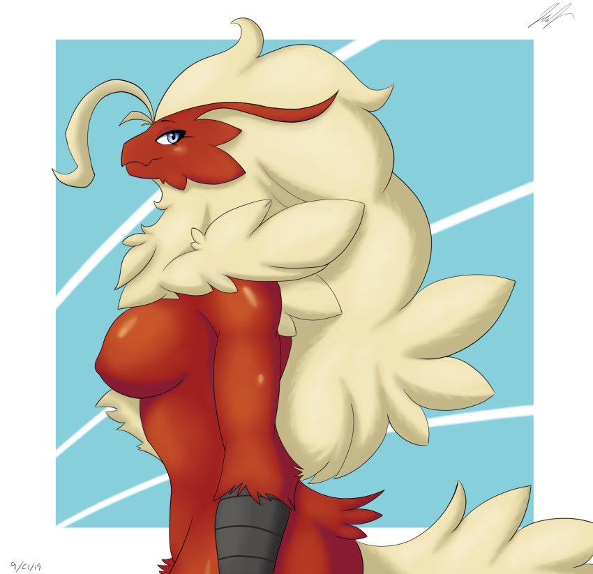 abstract_background absurd_res avian big_breasts bird blaziken blue_eyes breasts chest_tuft featureless_breasts female fluffy fringe fur hair hi_res jeffthehusky long_hair nintendo pok&eacute;mon pok&eacute;mon_(species) pubes red_fur shaded side_view smile standing thick_thighs tuft video_games