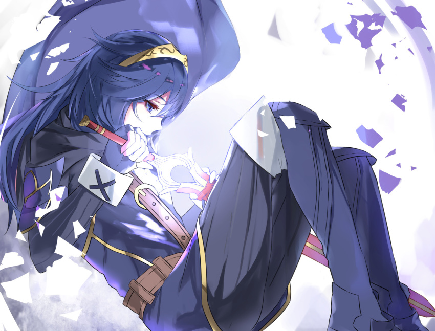 1girl bangs blue_dress blue_eyes blue_footwear blue_gloves blue_hair blue_scarf breasts cape commentary_request dress falchion_(fire_emblem) fingerless_gloves fire_emblem fire_emblem_awakening fire_emblem_heroes gloves highres holding holding_sword holding_weapon large_breasts long_hair lucina_(fire_emblem) scarf shoulder_armor strap super_smash_bros. sword tiara tomas_(kaosu22) weapon