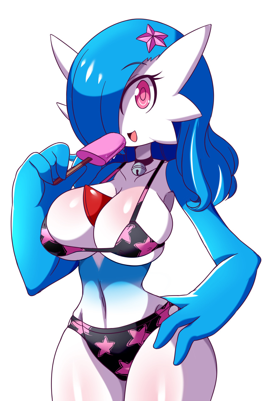 2019 :d absurd_res accessory bell bell_collar big_breasts bikini blue_hair breasts cleavage clothed clothing collar digital_media_(artwork) eyebrow_through_hair eyebrows eyelashes female food gardevoir glistening glistening_hair glistening_skin hair hair_accessory hair_over_eye hand_on_hip hi_res humanoid long_hair looking_at_viewer lucyfercomic mammal navel nintendo not_furry open_mouth pink_eyes pok&eacute;mon pok&eacute;mon_(species) popsicle simple_background skimpy smile solo swimwear thick_thighs translucent translucent_hair video_games white_background wide_hips zanatemx