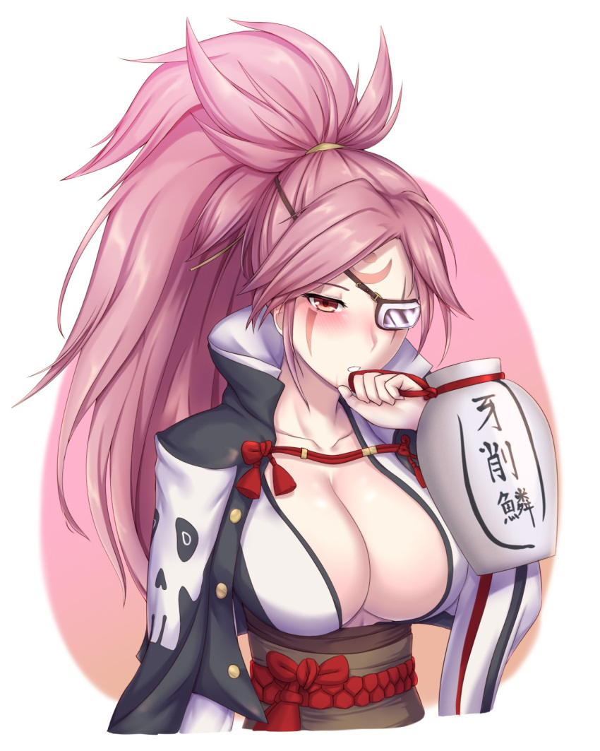 1girl alcohol amputee baiken big_hair black_jacket black_kimono blush breasts cleavage collarbone commentary_request eyepatch facial_tattoo guilty_gear guilty_gear_xrd high_ponytail highres holding_jug jacket jacket_on_shoulders japanese_clothes jug kataginu kimono large_breasts long_hair multicolored multicolored_clothes multicolored_kimono obi one-eyed open_clothes open_kimono pink_eyes pink_hair ponytail samurai sash scar scar_across_eye soukitsu tattoo white_kimono