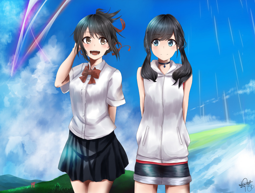 2girls amano_hina_(tenki_no_ko) arms_behind_back bare_arms black_hair black_skirt blue_sky braid brown_eyes cloud commentary_request cowboy_shot creator_connection french_braid hair_ribbon half_updo highres hood hood_down hoodie jacket kimi_no_na_wa. looking_at_viewer low_twintails miniskirt miyamizu_mitsuha mountain multiple_girls nakura_haru outdoors red_ribbon ribbon school_uniform short_hair short_shorts short_sleeves shorts skirt sky sleeveless sleeveless_hoodie sleeveless_jacket standing tenki_no_ko torii twin_braids twintails white_hoodie white_jacket