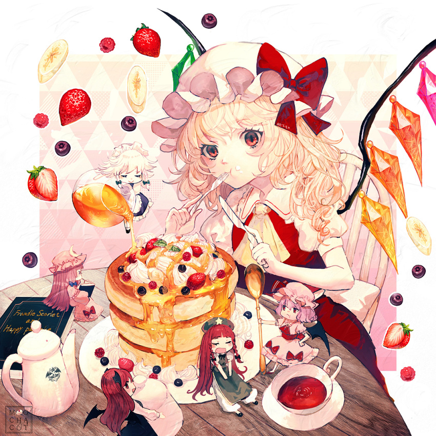 6+girls :t apron artist_name banana_slice bat_wings black_skirt black_vest blonde_hair blouse blue_skirt blueberry book braid brooch chair character_name chibi chinese_clothes closed_eyes commentary_request cravat creamer_(vessel) crescent crescent_hair_ornament cup double_bun eating eyebrows_visible_through_hair flandre_scarlet flat_cap food food_on_face fork fruit green_headwear hair_ornament hair_ribbon hand_on_hip hat hat_ribbon head_tilt head_wings holding holding_book holding_fork holding_knife honey hong_meiling izayoi_sakuya jewelry knife koakuma long_hair looking_at_viewer maid_headdress minigirl mob_cap mochacot multiple_girls pancake pants patchouli_knowledge patterned_background pillow pink_background pink_blouse pink_headwear pink_robe pink_skirt plate pouring pout puffy_pants puffy_short_sleeves puffy_sleeves raspberry reading red_eyes red_hair red_neckwear red_skirt red_vest remilia_scarlet ribbon robe saucer shirt short_hair short_sleeves side_ponytail silver_hair sitting sitting_on_pillow skirt sleeping smile standing star strawberry table tea teacup teapot teaspoon touhou tress_ribbon twin_braids very_long_hair vest waist_apron whipped_cream white_headwear white_pants white_shirt wings wooden_chair wooden_table yellow_neckwear