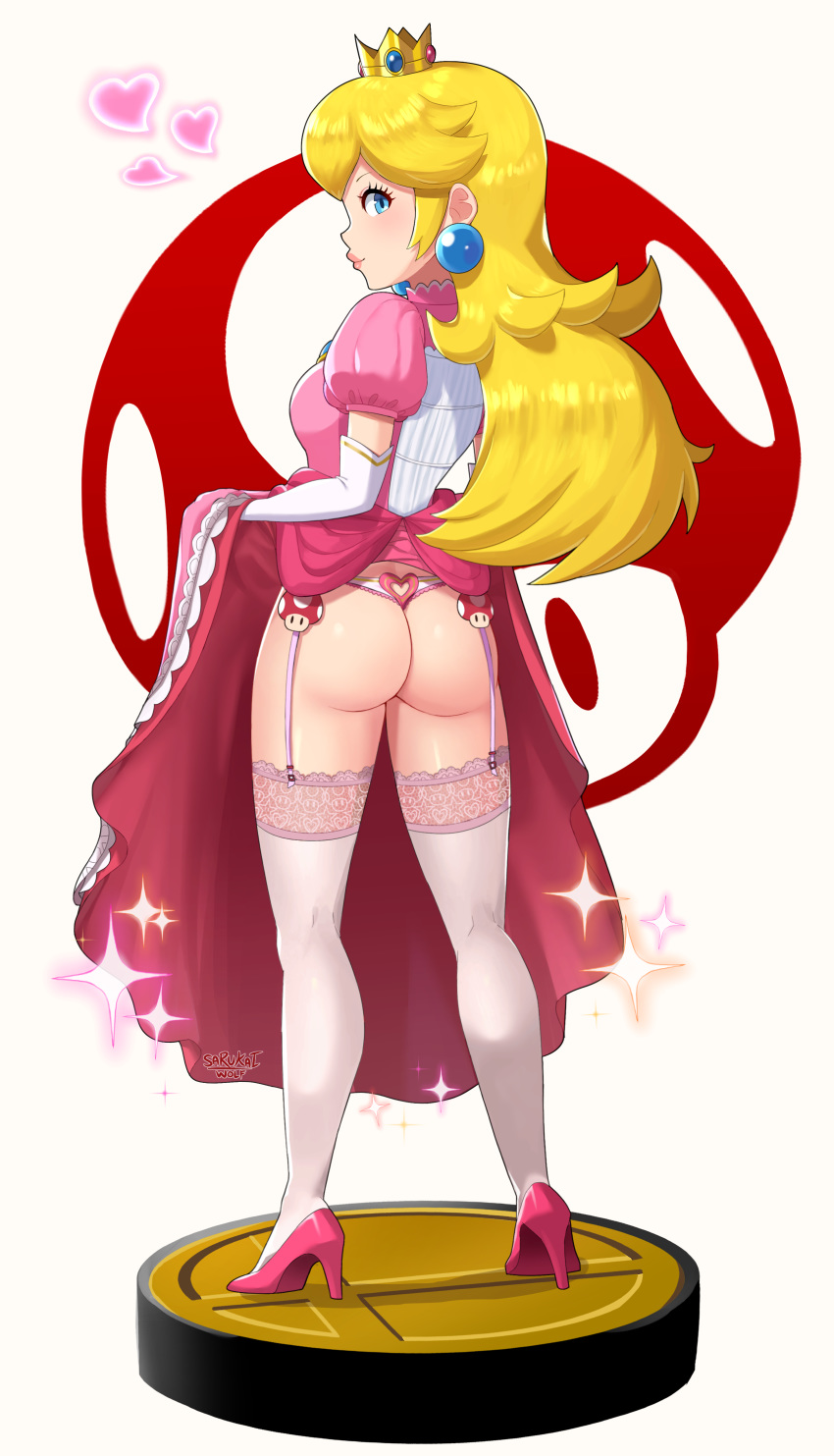 1girl absurdres artist_name ass blonde_hair blue_eyes breasts closed_mouth crown dress dress_lift earrings elbow_gloves from_behind full_body garter_straps gloves heart heart_cutout high_heels highres jewelry legs lips logo long_hair looking_at_viewer mario_(series) medium_breasts nintendo panties pink_dress princess_peach puffy_short_sleeves puffy_sleeves sarukaiwolf short_sleeves solo standing super_smash_bros. thighhighs underwear white_background white_gloves white_legwear