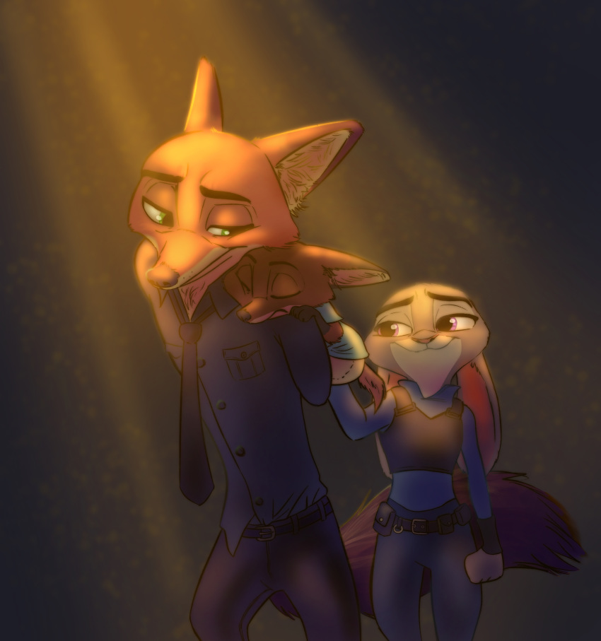 absurd_res anthro canid canine clothing cub disney female fox green_eyes group hi_res judy_hopps lagomorph leporid light male mammal necktie nick_wilde purple_eyes qalcove rabbit smile uniform young zootopia