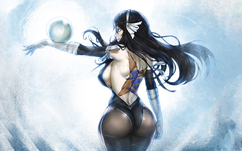 1girl artist_name ass back back_tattoo backless_outfit black_hair black_legwear black_sleeves breasts character_name clenched_hand colorized covered_nipples cowboy_shot curvy detached_sleeves fairy_tail from_behind gloves hairband highres large_breasts leotard light_smile long_hair looking_to_the_side no_bra orb outstretched_arm pantyhose sideboob solo standing strapless strapless_leotard tattoo the_golden_smurf ultear_milkovich white_background white_gloves white_hairband wide_hips