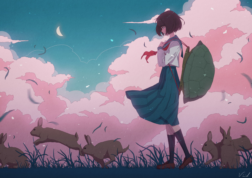 animal bibido brown_eyes brown_hair clouds cropped grass kneehighs original rabbit school_uniform short_hair signed skirt sky