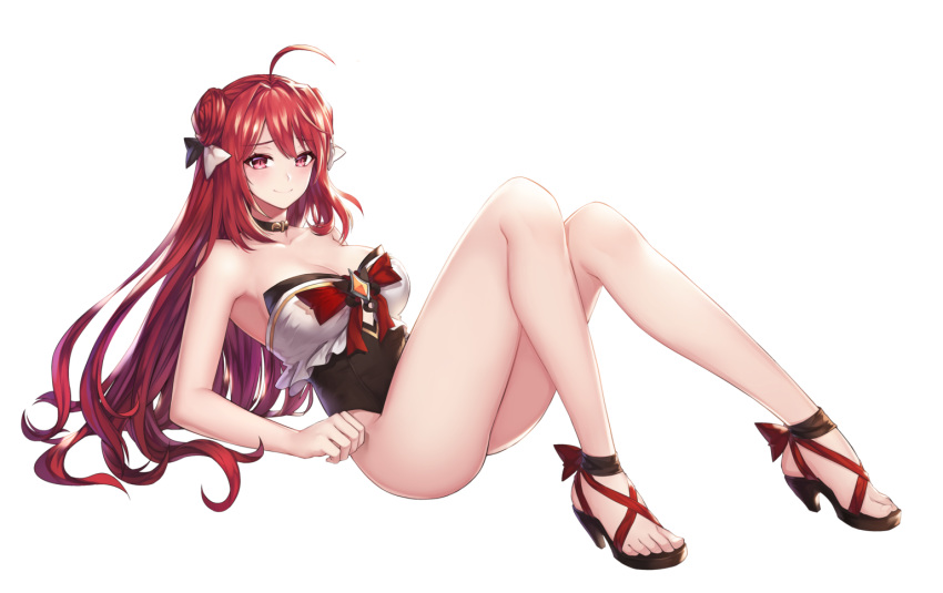 1girl ahoge armpits bare_shoulders blush breasts choker cleavage cross-laced_footwear double_bun erze_(king's_raid) eyebrows_visible_through_hair feet hair_between_eyes hair_ribbon king's_raid knees_up large_breasts long_hair looking_at_viewer official_art one-piece_swimsuit red_eyes red_hair ribbon sandals slit_pupils smile solo strapless strapless_swimsuit swimsuit transparent_background