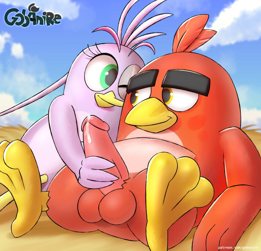 angry_birds avian balls beak bird bodily_fluids eyebrows feathers female genital_fluids gobanire green_eyes handjob hi_res male male/female one_eye_closed penile penis precum reclining red_(angry_birds) sex silver_(angry_birds) thick_eyebrows video_games yellow_eyes