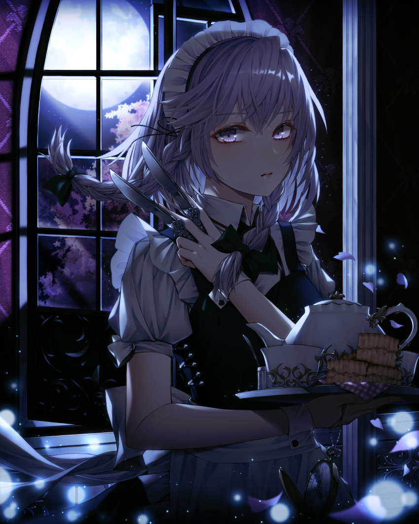 1girl absurdres apron blue_dress bow braid cecil86 dress floating_hair frilled_apron frills full_moon hair_bow highres holding holding_knife holding_tray indoors izayoi_sakuya knife light_particles maid maid_apron maid_headdress medium_hair moon moonlight petals puffy_short_sleeves puffy_sleeves purple_eyes purple_hair short_sleeves solo touhou tray twin_braids weapon wind window