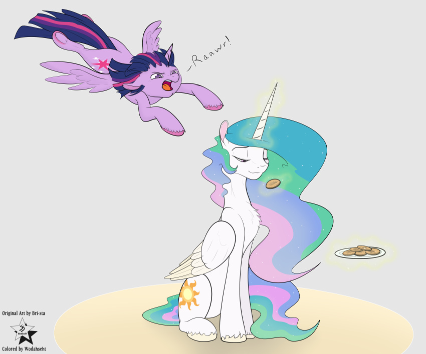 absurd_res bri-sta cookie duo equid female food friendship_is_magic fur hair hi_res horn mammal multicolored_hair my_little_pony open_mouth princess_celestia_(mlp) purple_fur text twilight_sparkle_(mlp) white_fur winged_unicorn wings wodahseht