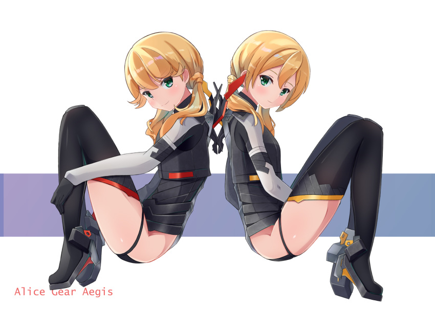 2girls alice_gear_aegis back-to-back black_footwear black_gloves blonde_hair blush boots closed_mouth commentary_request copyright_name english_text eyebrows_visible_through_hair flipped_hair from_side full_body gloves high_heels highres kotomura_akane kotomura_amane long_hair looking_at_viewer low_twintails multiple_girls nraib sitting smile thigh_boots thighhighs twintails white_background