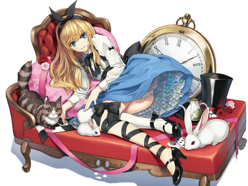 alice_(wonderland) alice_in_wonderland animal blonde_hair blue_eyes bunny cat cropped dress hat long_hair luna_(reclaimed_land)