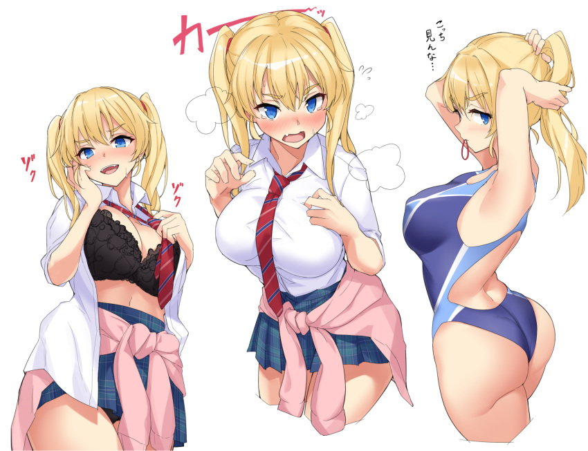 ass blonde_hair blue_eyes blush bra breasts kurenai_hanpen open_shirt original school_uniform swimsuit tie underwear