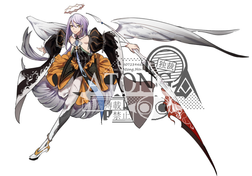 1girl angel angel_wings artist_name breasts chocolate_(jitong) detached_sleeves dress feathered_wings full_body halo highres holding holding_spear holding_weapon lavender_hair long_hair looking_at_viewer orange_dress original polearm puffy_sleeves simple_background small_breasts solo spear standing standing_on_one_leg thighhighs twitter_username watermark weapon white_legwear white_wings wide_sleeves wings yellow_eyes