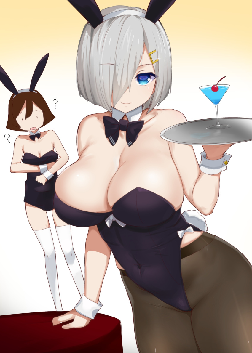 2girls animal_ears arm_support black_leotard blue_eyes breast_envy breasts brown_hair bunny_ears bunny_tail bunnysuit chibi cleavage closed_mouth collarbone covered_navel detached_collar drink embarrassed eyebrows_visible_through_hair fake_animal_ears gradient gradient_background hair_ornament hair_over_one_eye hairclip hamakaze_(kantai_collection) highres kantai_collection kusaka_souji large_breasts leotard looking_at_viewer multiple_girls pantyhose short_hair silver_hair simple_background sketch smile solo_focus tail tanikaze_(kantai_collection) thighband_pantyhose thighhighs tray upper_body wrist_cuffs