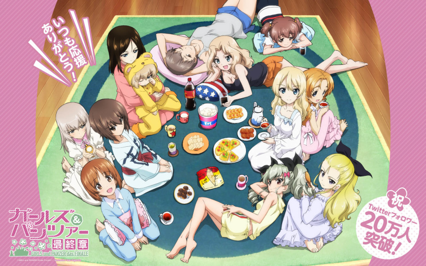 6+girls :d alisa_(girls_und_panzer) alternate_hairstyle american_flag anchovy arm_support assam bangs barefoot bear_hood black_hair black_ribbon black_shirt blonde_hair blue_dress blue_eyes blue_pants blue_shirt blue_shorts breasts brown_eyes brown_hair brushing_another's_hair chin_rest cleavage coca-cola collared_dress collared_shirt congratulations copyright_name cup darjeeling dress drill_hair drinking_glass eyebrows_visible_through_hair flag_print followers food freckles frown girls_und_panzer girls_und_panzer_saishuushou glaring green_hair green_tea grey_shirt hair_down hair_intakes hair_ornament hair_pulled_back hair_ribbon half-closed_eyes hands_on_lap highres holding holding_another's_hair holding_cup holding_pillow hood hoodie indoors itsumi_erika japanese_clothes katyusha kay_(girls_und_panzer) kimono large_breasts light_smile long_dress long_hair long_sleeves looking_at_viewer lying medium_hair mug multiple_girls naomi_(girls_und_panzer) nishizumi_maho nishizumi_miho nonna obi official_art on_back on_side on_stomach one_eye_closed open_mouth orange_hair orange_pekoe orange_shorts pajamas pants parted_bangs pillow pink_dress pink_pants pink_shirt plate popcorn red_eyes ribbon rubbing_eyes sash saucer seiza shirt short_hair short_shorts short_sleeves short_twintails shorts silver_hair single_vertical_stripe sitting sleeveless sleeveless_shirt smile soda_bottle star star_hair_ornament sugimoto_isao swept_bangs tank_top tea teacup teapot tired twin_drills twintails twitter very_short_hair wallpaper wariza white_dress white_kimono white_shirt yellow_pants yellow_shirt yellow_shorts yunomi