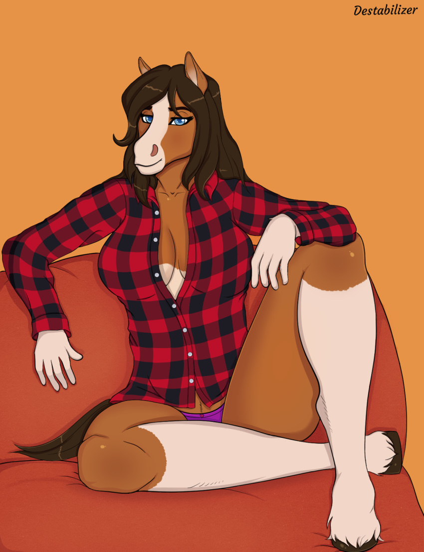 anthro autumn clothed clothing destabilizer equid equine female hi_res horse lingerie mammal mary_clydes shirt simple_background sitting solo topwear