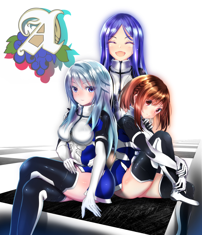 3girls :d ^_^ absurdres alice_gear_aegis bangs blue_eyes blue_hair blush breasts brown_hair closed_eyes closed_mouth colored_eyelashes commentary_request eyebrows_visible_through_hair hand_on_another's_shoulder head_tilt highres kondou_chieri large_breasts long_hair multiple_girls nikitou_kanade open_mouth parted_bangs puripuri red_eyes silhouette sitting skirt smile sutegoro_shiina thighhighs white_background