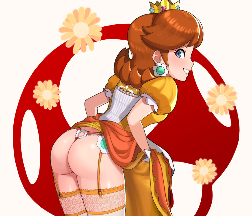 ass blue_eyes cropped crown dress flowers garter_belt orange_hair princess_daisy sarukaiwolf short_hair skirt_lift stockings super_mario_bros super_smash_bros.