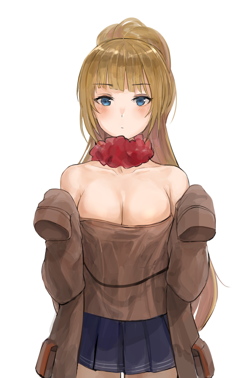 1girl bangs bare_shoulders blue_eyes blue_skirt blush breasts brown_jacket chan1moon cleavage collarbone commentary eyebrows_visible_through_hair highres jacket large_breasts long_hair off-shoulder_jacket original ponytail simple_background skirt sleeves_past_fingers sleeves_past_wrists solo very_long_hair white_background
