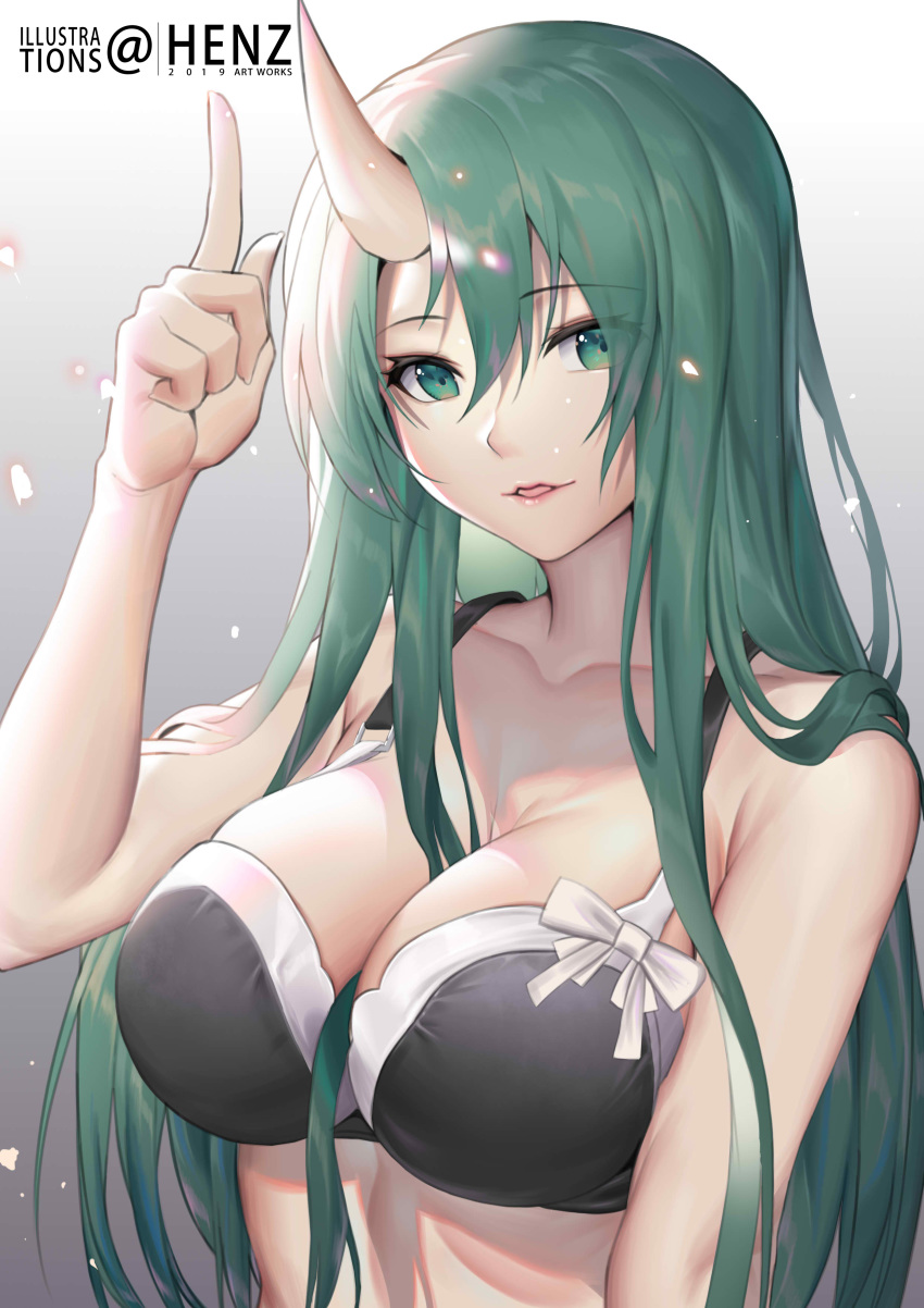 1girl absurdres arknights artist_name bangs bare_shoulders black_bra bra breasts cleavage green_eyes green_hair hair_between_eyes henz_(86551650) highres horn hoshiguma_(arknights) index_finger_raised large_breasts long_hair looking_at_viewer oni_horns open_mouth sidelocks skindentation solo toned underwear upper_body