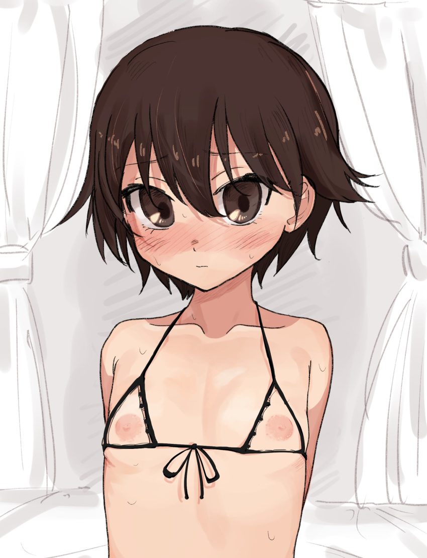 1girl black_bra blush bra breasts brown_eyes brown_hair closed_mouth collarbone eyebrows_visible_through_hair girls_und_panzer highres isobe_noriko lingerie looking_at_viewer nippleless_clothes nipples shiny shiny_hair shiny_skin short_hair small_breasts solo sweat toku_(yhpv8752) underwear upper_body