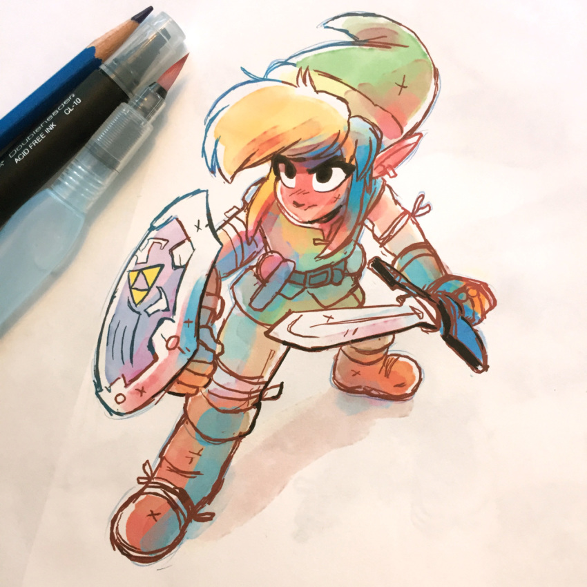 1boy a_link_between_worlds bandages belt black_eyes boots clothed clothing fighting_stance gloves holding holding_weapon hylian_shield link male male_focus master_sword nintendo pencil pens photo pointy_ears scar screenshot shield sketch sketchbook solo solo_focus sword the_legend_of_zelda the_legend_of_zelda:_a_link_between_worlds toonimated
