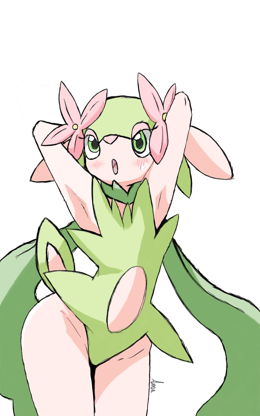 absurd_res anonymous_artist anthro blush cervid eyelashes fak&eacute;mon fan_character faunazon female flora_fauna flower fur green_eyes hands_behind_head hi_res mammal open_mouth pink_nose plant simple_background solo white_background