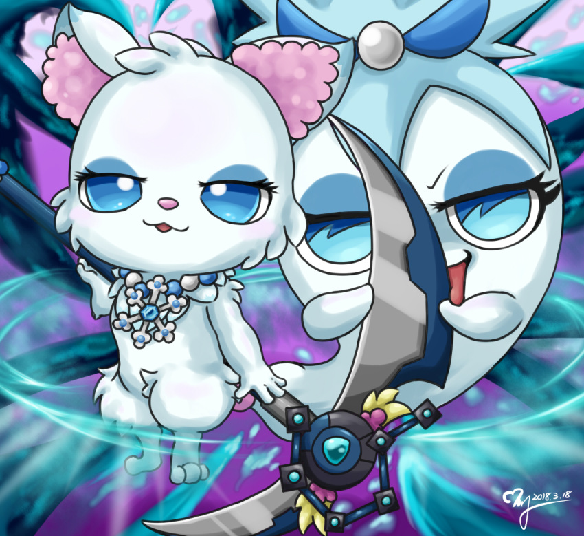 2018 arctic_fox blade blue_eyes blue_fur canid canine chest_tuft dipstick_tail duo ear_tuft fluffy fluffy_tail fox fur jewelpet larimar licking living_tail looking_at_viewer mammal melee_weapon multicolored_tail polearm sanrio scythe seductive tongue tongue_out tuft weapon white_fur アイリ@スタイルを探して